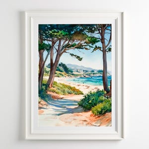 Carmel Beach Watercolor Art Print: California Coastal Landscape