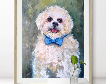 Stampa di un dipinto ad olio di un Bichon Frise, ritratto di cane da parete, decorazione per animali domestici