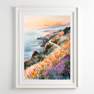 Pintura de Big Sur al atardecer, impresión de acuarela de California, arte mural costero de amapola