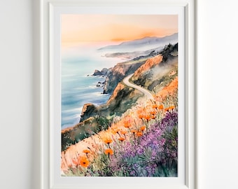 Sonnenuntergang Big Sur Malerei Kalifornien Aquarell Druck Mohnblume Küstenwandkunst