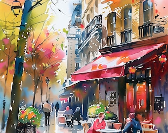 Paris Cafe Street Scene Watercolor Art Print – Colorful French Street Painting