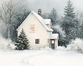 Snowy Cottage Print, Cozy Winter Watercolor Wall Art