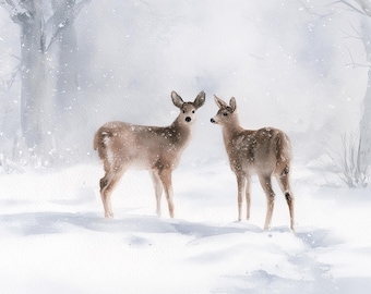 Two Deer in Snow Print, Winter Woodland Wall Art