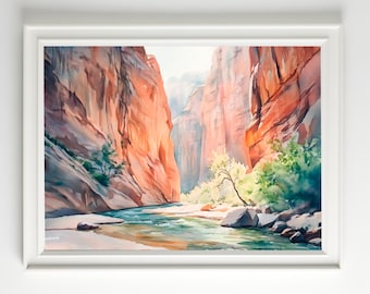 Zion Narrows Print Virgin River Canyon Art Utah National Park akwarela
