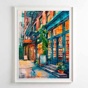 Buchhandlung Kunst Aquarell Druck NYC Bibliothek Malerei Straße Wandkunst