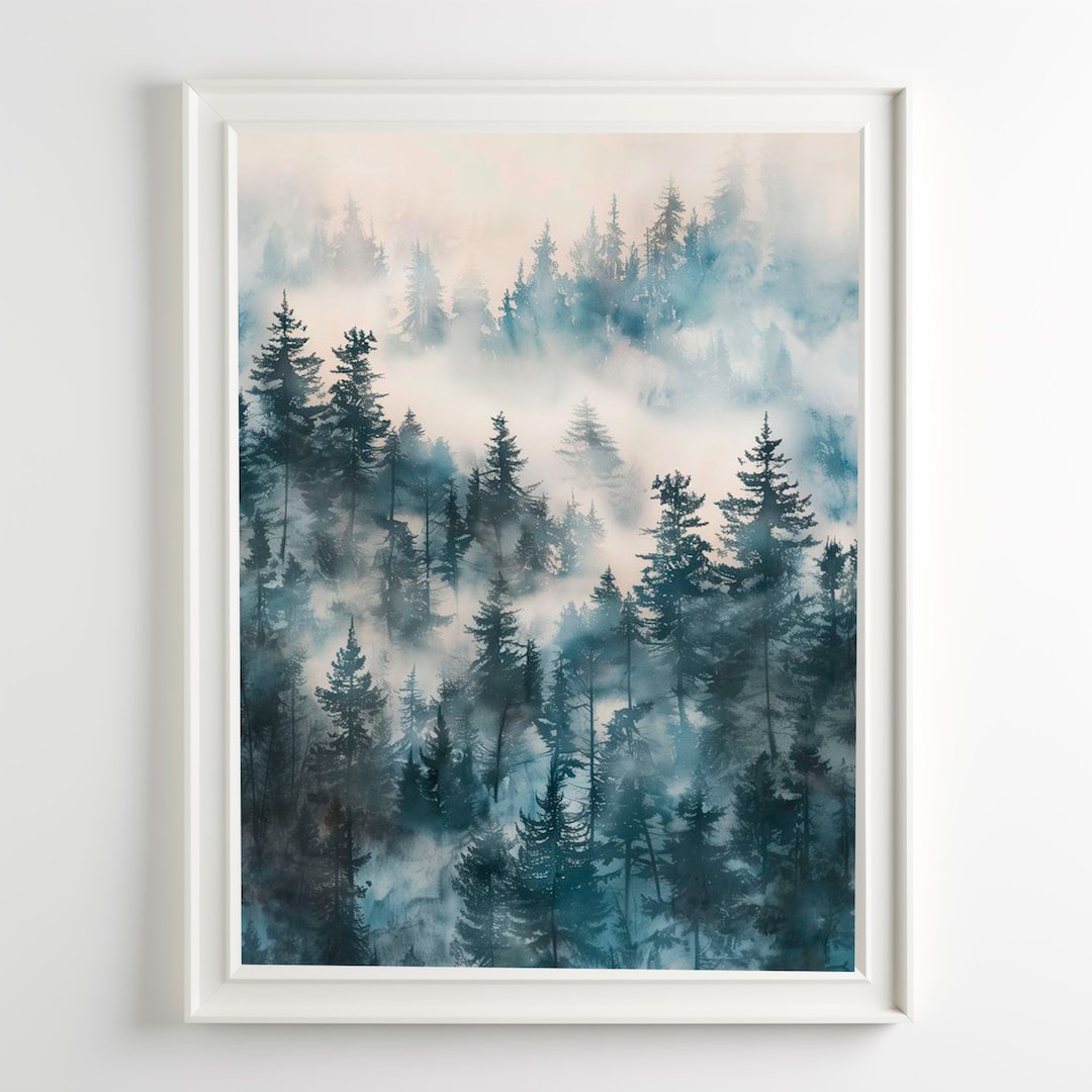 Misty Forest Print Pine Tree Art Watercolor Foggy Forest Painting ...