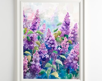 ライラックの絵画 花の水彩画プリント 紫の花 ウォールアート 植物の