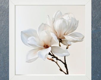 Biała magnolia, akwarela, botaniczna, kwiatowa sztuka ścienna, neutralny wystrój wiejski, sztuka ścienna z magnolią