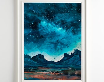 Starry Night Landscape Print Galaxy Sky Desert Mountains Wall Art