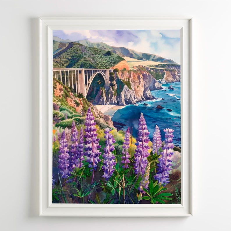 May include: A watercolor painting of a bridge over a body of water with a rocky coastline. The bridge is made of concrete and has a large arch. The water is blue and there are whitecaps on the waves. There are purple lupine flowers in the foreground.