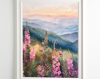 Smoky Mountains Watercolor Print Wildflowers Landscape Art Pink Sunset Wall Decor