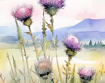 May include: A watercolor painting depicting several purple thistle flowers with spiky, textured heads and green stems. The background features a soft, washed landscape with rolling hills, a pale yellow field, and a light blue sky with clouds.