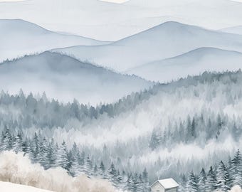 Winter Mountain Print, Snowy Cabin Wall Art