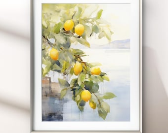 Italian Lemon Branch Print, Amalfi Coast Watercolor Wall Art, Mediterranean Citrus Painting, Soft Coastal Decor, Kitchen Lemon Art
