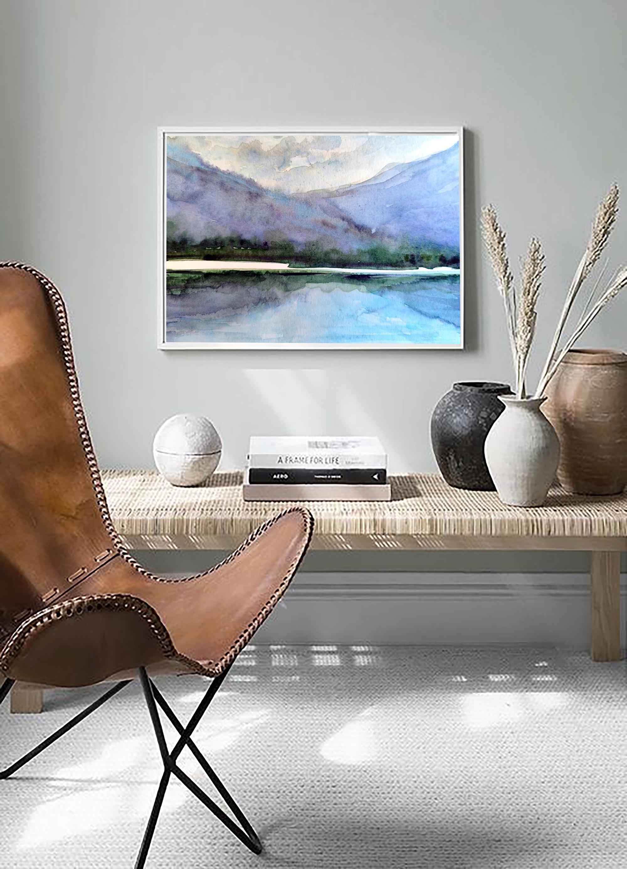 Mountain Lake Watercolor Print Misty Landscape Wall Art Blue Mountains ...