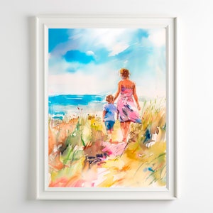 Pintura de acuarela con diseño de madre e hijo, arte de pared costero, pintura de playa, pintura familiar