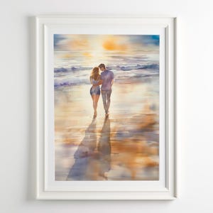 Romantischer Strandspaziergang-Druckpaar-Sonnenuntergang-Kunst-Liebesgeschichte Aquarell Valentinstag Geschenk