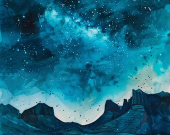 Puede incluir: Una pintura de acuarela que representa un paisaje desértico bajo un vasto cielo nocturno. La escena presenta siluetas de montañas azul oscuro contra un cielo estrellado azul turquesa y marino, con un primer plano en tonos tierra.