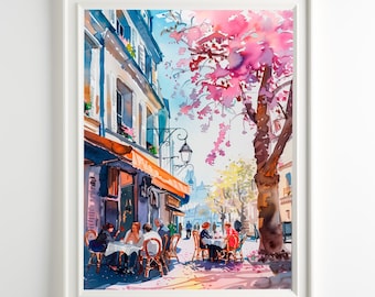 Cafe Paris Painting Street Watercolor City Print Travel Wall Art