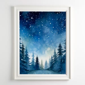 Nachtwald Druck Sternenhimmel Kunst Verschneite Kiefer Bäume Winterwald Wandkunst