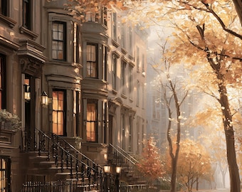 New York Brownstone Print, Autumn City Wall Art