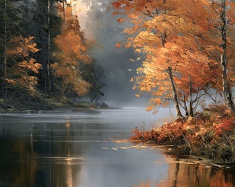 Autumn Forest Lake Print, Orange Fall Landscape Art