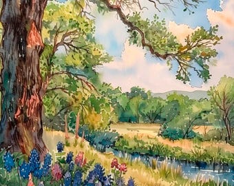 Texas Bluebonnet Watercolor Art Print: Landscape Painting