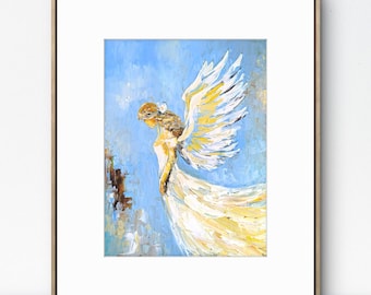 Beschermengelprint, spiritueel schilderij, hemelse engeldecor