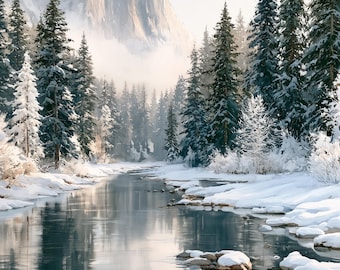 Yosemite Winter Print, Snowy Mountain Watercolor Art