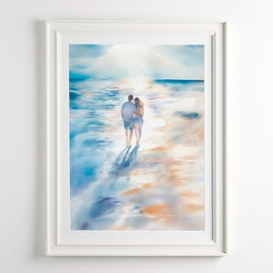ビーチカップルプリント ロマンチックな海岸沿いの壁アート オーシャンブルーの水彩画 ビーチウォークアート