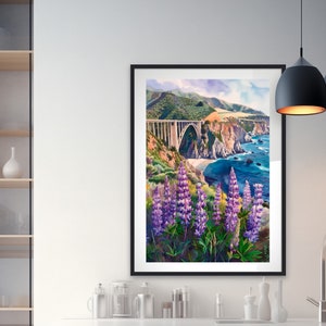 May include: A watercolor painting of a bridge over a body of water with a coastline in the background. The bridge is made of concrete and has a large arch. The water is blue and the coastline is rocky. There are purple flowers in the foreground.
