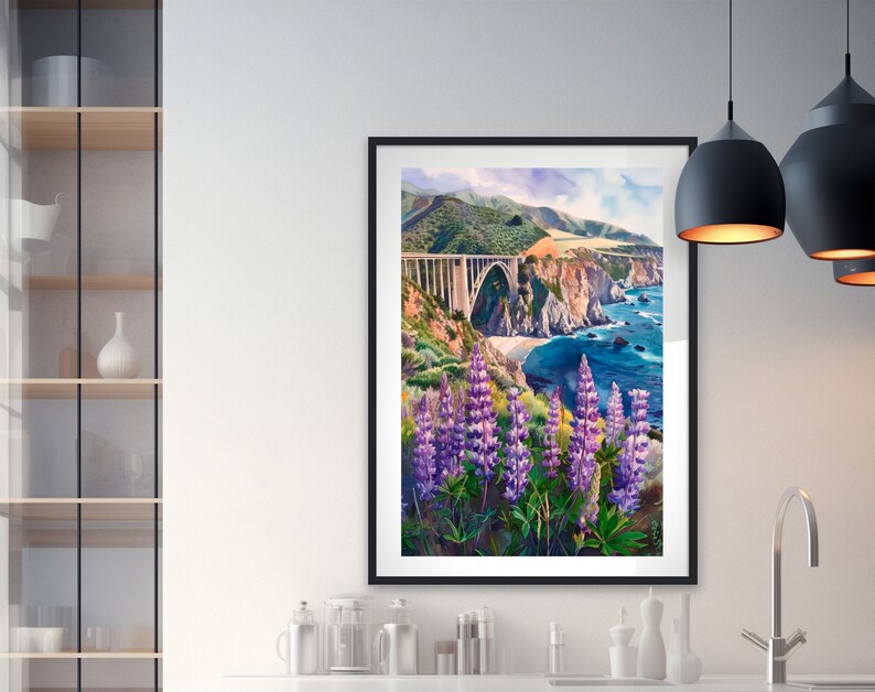May include: A watercolor painting of a bridge over a body of water with a coastline in the background. The bridge is made of concrete and has a large arch. The water is blue and the coastline is rocky. There are purple flowers in the foreground.