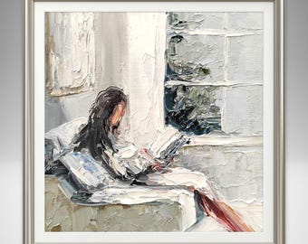 Stampa artistica di una donna che legge, opera d'arte per una camera da letto accogliente, decorazione per amanti dei libri, arte d'interni femminile