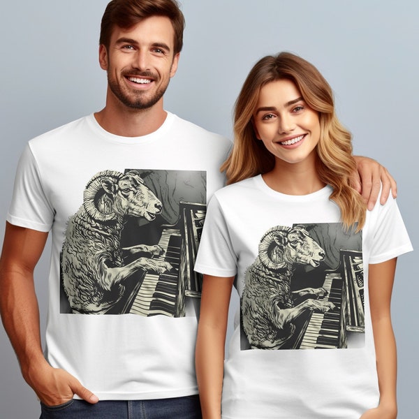 Unique Piano Playing Sheep Graphic T-Shirt, Musical Ram Art Tee, Unisex Cotton Shirt, Gift for Musicians