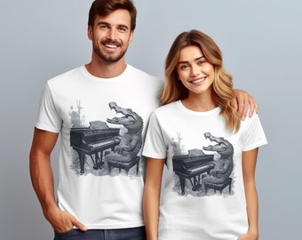 Alligator Playing Piano T-Shirt, Unique Musical Animal Graphic Tee, Unisex Cotton Shirt, Gift for Musicians