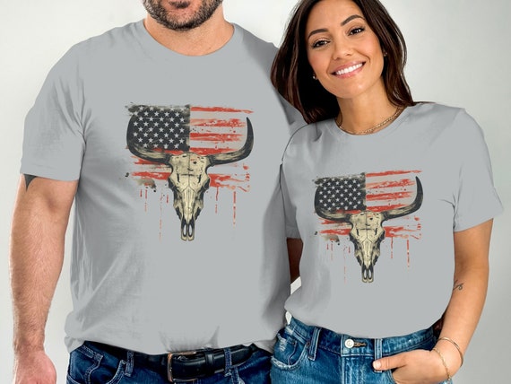 Patriotic Flag Shirt Western Style Bull Cow Skull Tshirt Patriotic Flag Shirt Western Style Bull Cow Skull Tshirt