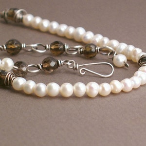 Sarah Necklace - Ivory Pearls and Smokey Quartz with Oxidized Sterling Silver Details - Classic Pearl Necklace