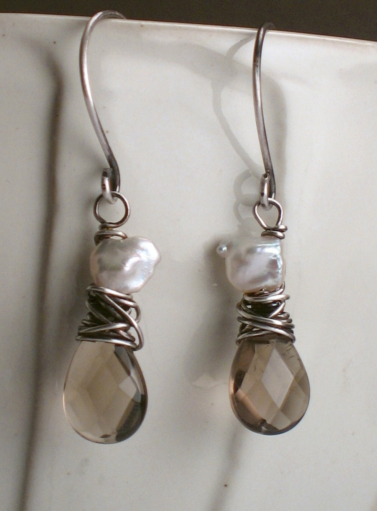 Bianca Smokey Quartz Earrings With Ivory Pearls on Oxidized - Etsy