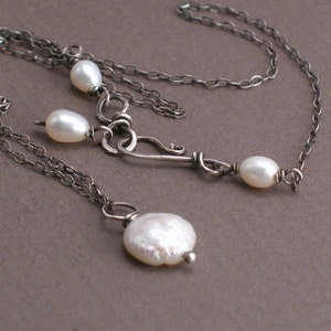 Awen Necklace - Ivory Coin Pearl Pendant on Oxidized Sterling Silver Chain