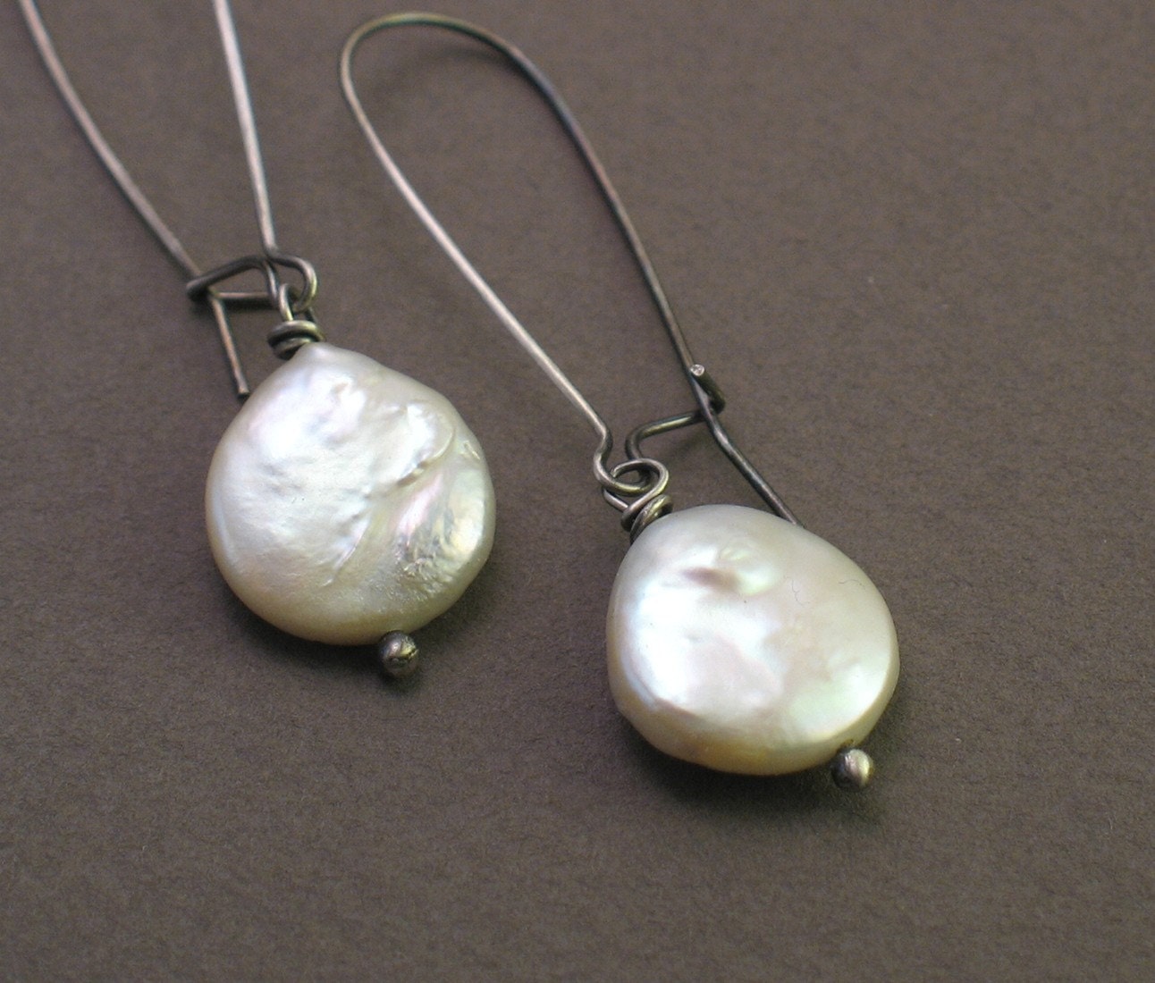 Ivory Coin Pearl Earrings: Long Oxidized Sterling Silver
