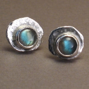 Rain or Shine - Labradorite Studs - Stud Earrings with 6mm Gemstones on Hammered Sterling Silver -  Pair - Post Earrings For Men and Women