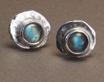 Rain or Shine - Labradorite Studs - Stud Earrings with 6mm Gemstones on Hammered Sterling Silver -  Pair - Post Earrings For Men and Women