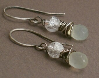 Thaw - Jade and Crystal Quartz Earrings on Oxidized Sterling Silver - Light Green Jade Gemstones