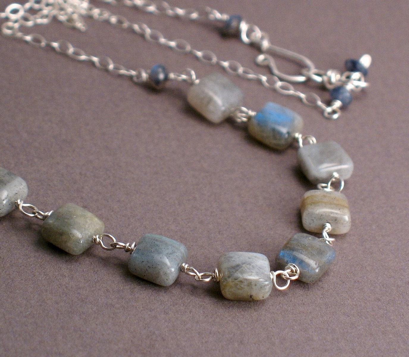 Marina Necklace - Labradorite Necklace with Square Gemstones Wirewrapped on Sterling Silver Chain