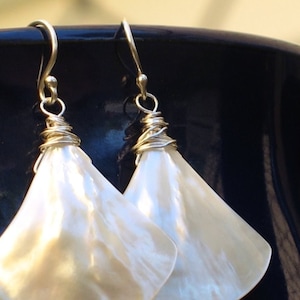 Oceana - Mother of Pearl Earrings - Shell Fans Wirewrapped on Sterling Silver