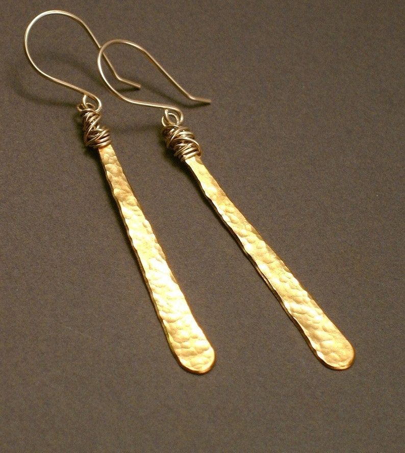 Thora Long Hammered Brass Earrings With 14k Goldfill Messy Etsy