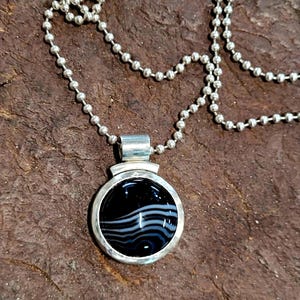 In The Groove -- Black Agate Pendant Necklace in Sterling Silver - Banded Agate in Heavy Bezel Setting - Mod Style - Studio 54