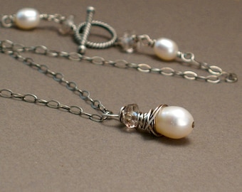 Oxidized Sterling Silver Pearl Necklace with Quartz - Wire Wrapped Pendant -- Soraya