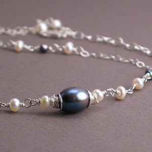 Chandra Bridal Necklace - Peacock Blue Pearls and Ivory Pearls on Sterling Silver Chain - Wedding Jewelry