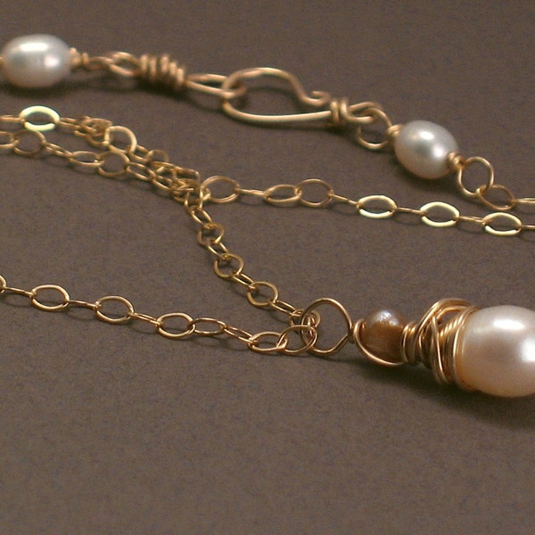 Godiva Necklace -- Ivory and Champagne Pearls on 14k Goldfill Chain